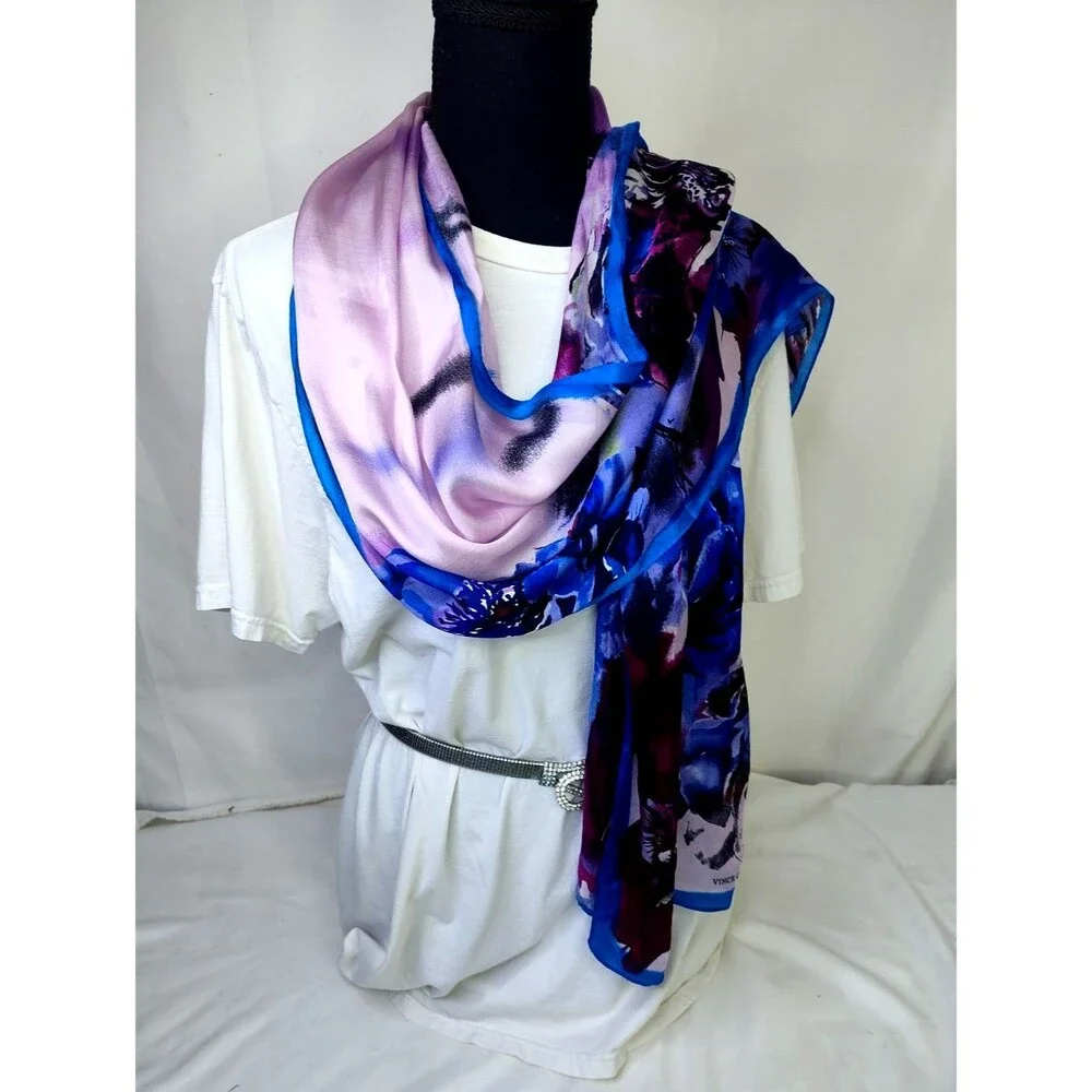 Silk Vince Camuto Watercolor Floral Scarf Wrap Blues White Rectangle 76 X 28 In